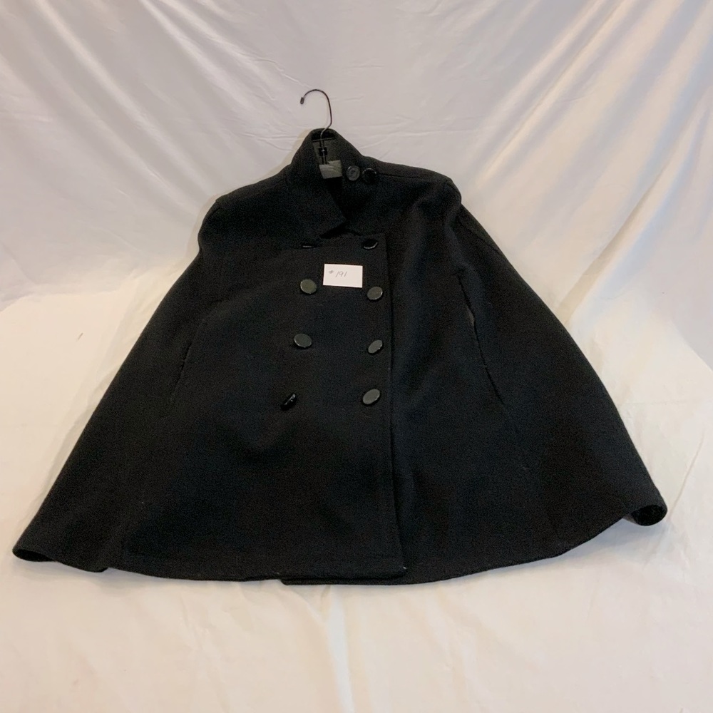 Black 100% wool cape coat, double breasted button down front.  Good Condition